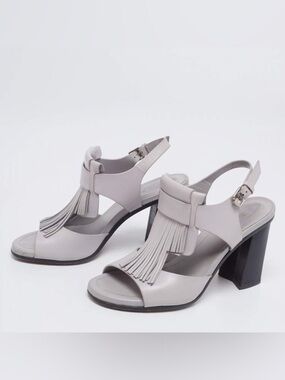 Tod's Light Gray Fringe Slingback Block Heels